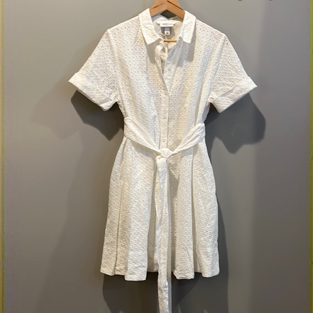 Lisa Marie Fernandez White Eyelet Shirt Dress with Tie Waist